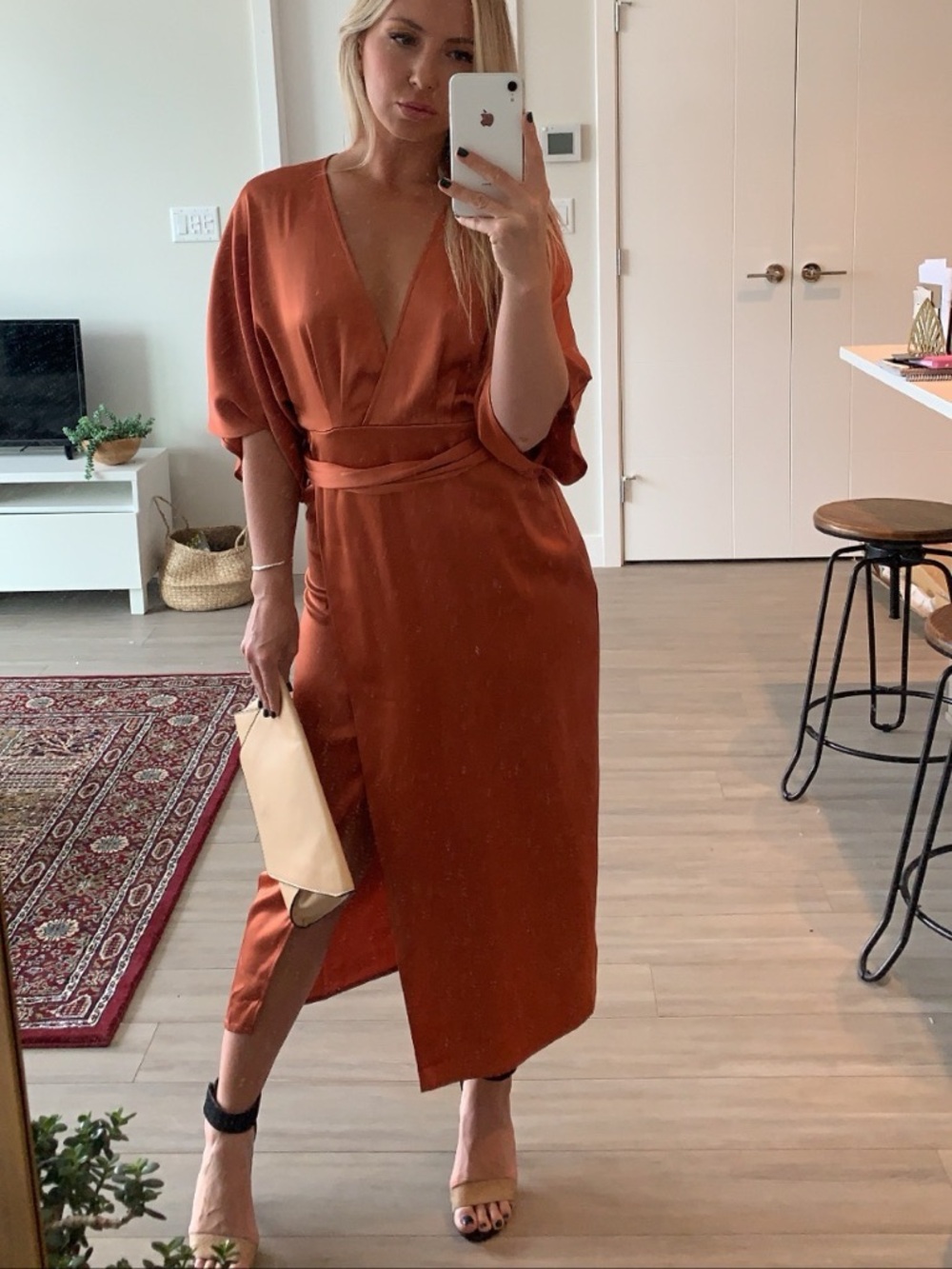 Satin Wrap Maxi Dress in Rust Orange